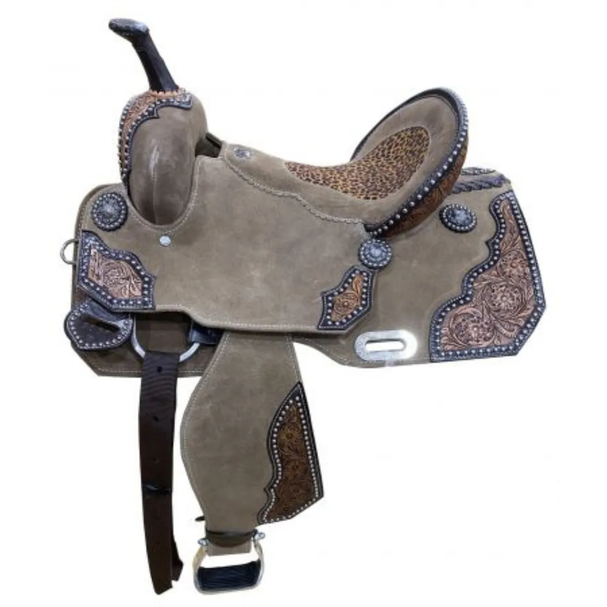 14", 15" DOUBLE T ROUGH OUT BARREL STYLE SADDLE WITH CHEETAH PRINTED INLAY