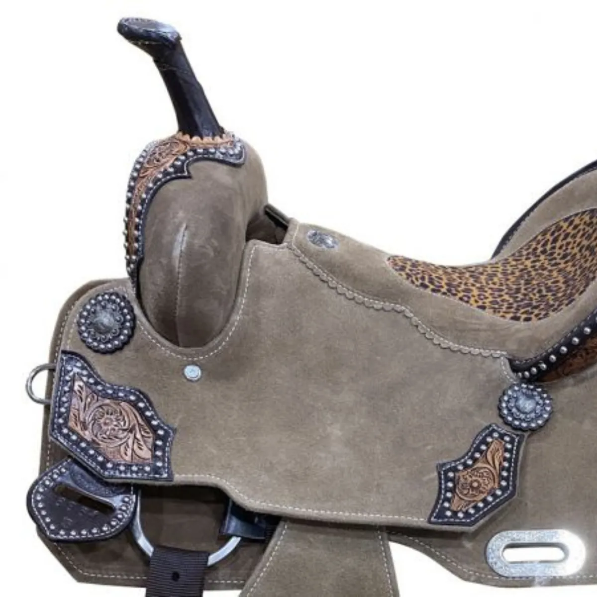 14", 15" DOUBLE T ROUGH OUT BARREL STYLE SADDLE WITH CHEETAH PRINTED INLAY