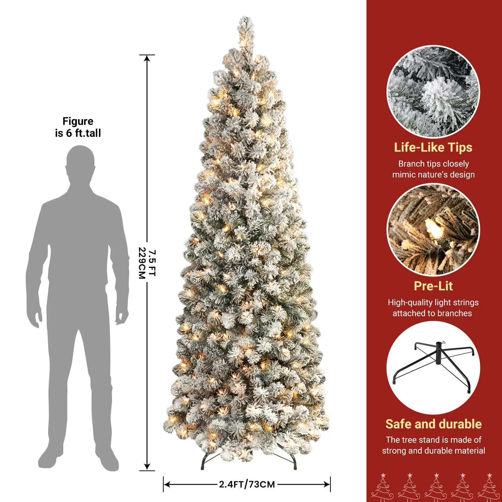 7.5ft Prelit Warm White Lights Snow Flocked Artificial Hinged Slim Pencil Christmas Tree