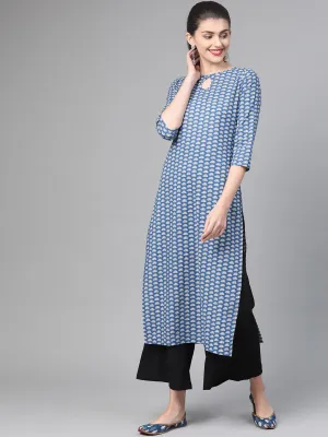 Adults-Women Blue & White Cotton Straight Floral Printed Kurta