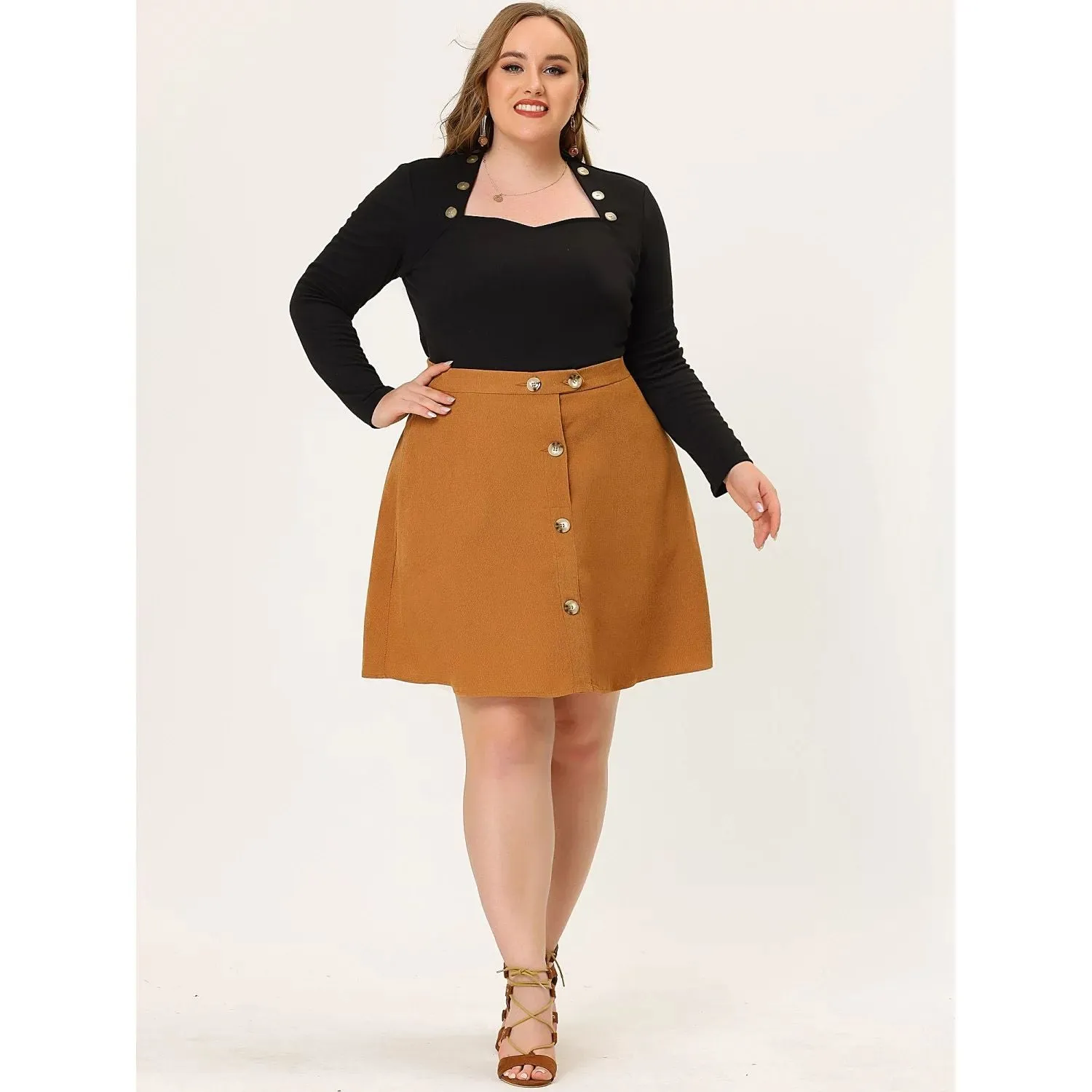 Agnes Orinda Women's Plus Size Corduroy Skirt Button Front Elastic Waist ,  red