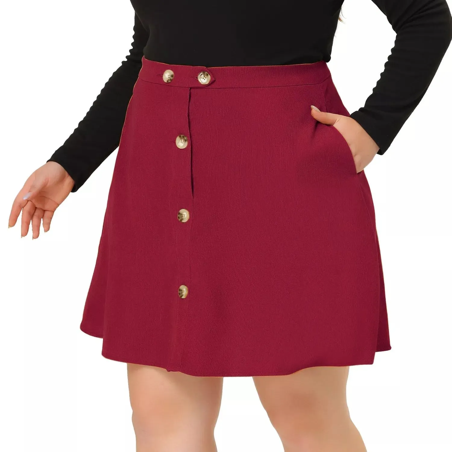 Agnes Orinda Women's Plus Size Corduroy Skirt Button Front Elastic Waist ,  red