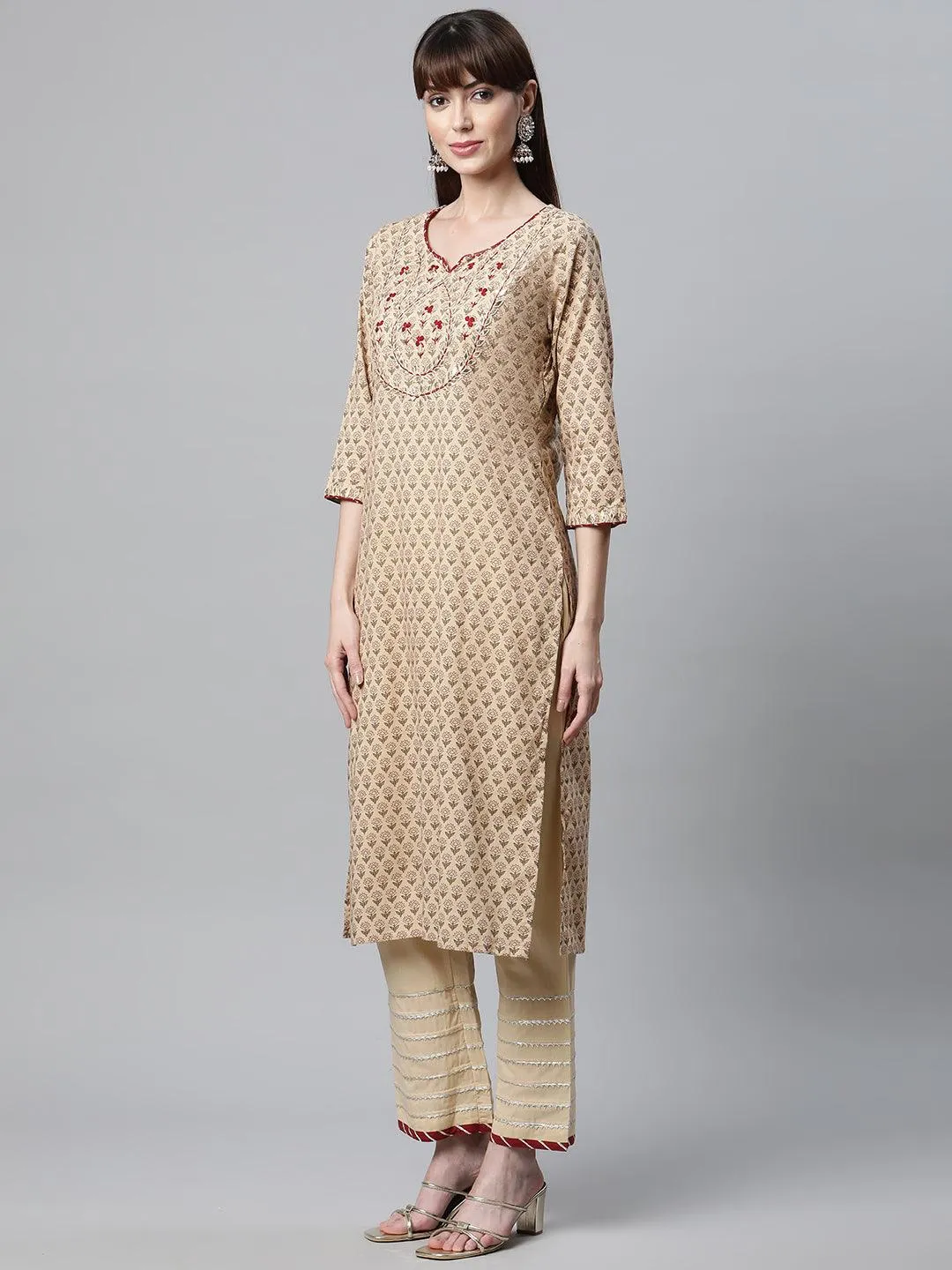 Beige Color Cotton Straight Kurta Pant Set With Dupatta