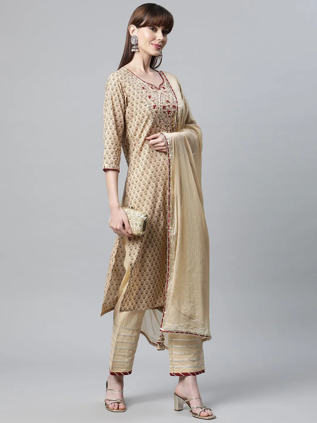 Beige Color Cotton Straight Kurta Pant Set With Dupatta