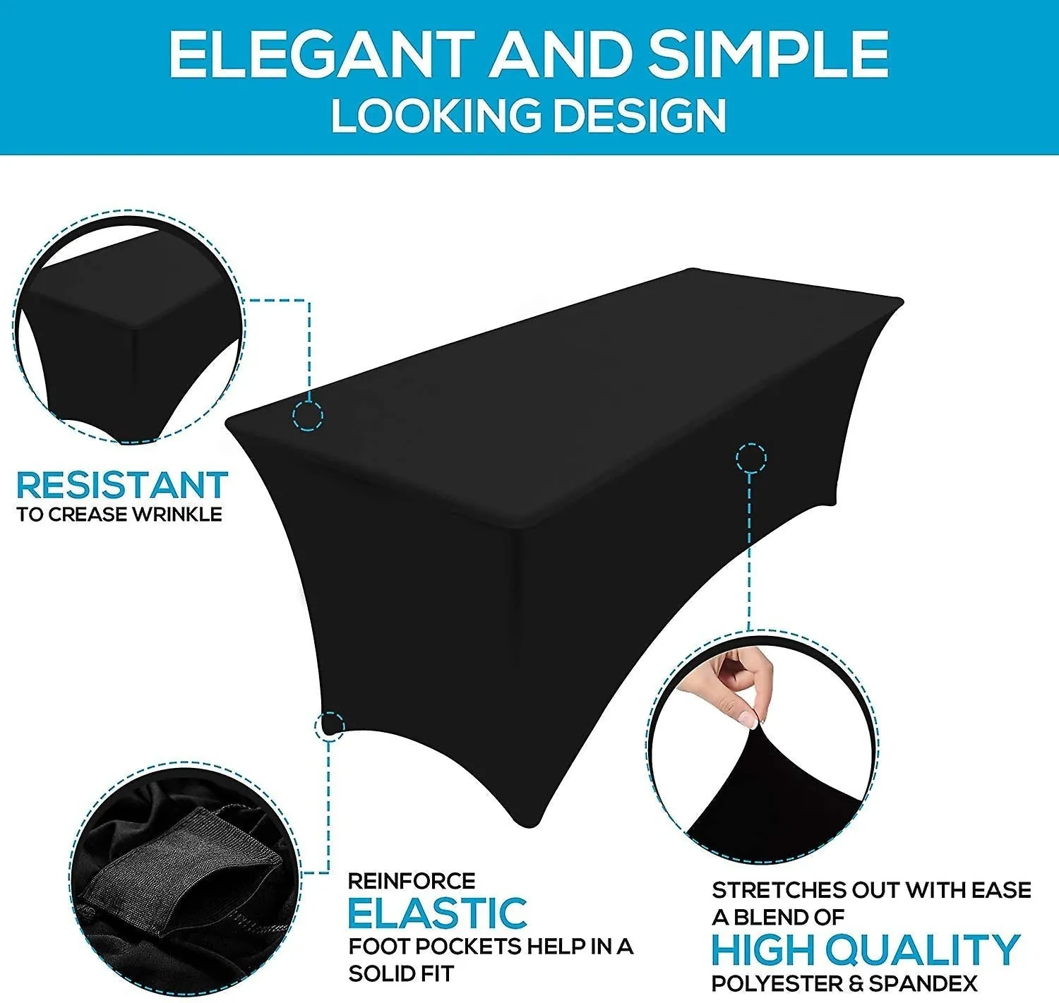 Black 6FT 2 Pcs Spandex Fitted Stretch Tablecloth Rectangular Training Stretch Table Cover For Banquet CAI1447