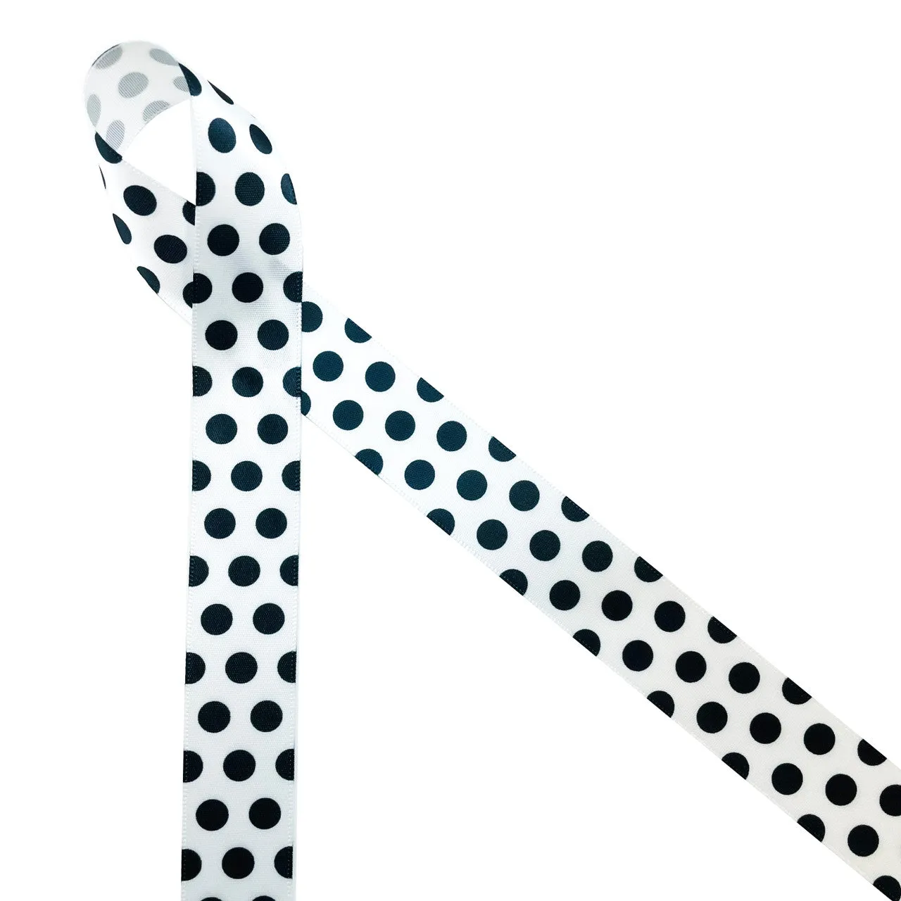 Black and white polka dots ribbon printed on 7/8" white satin