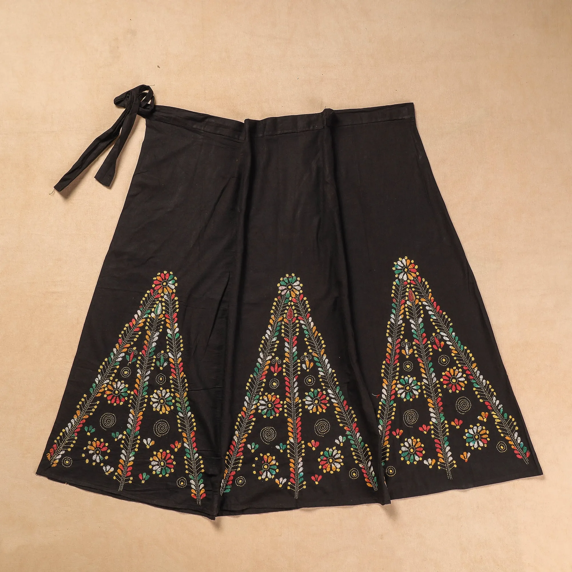 Black - Bengal Kantha Embroidery Cotton Wrap Around Skirt