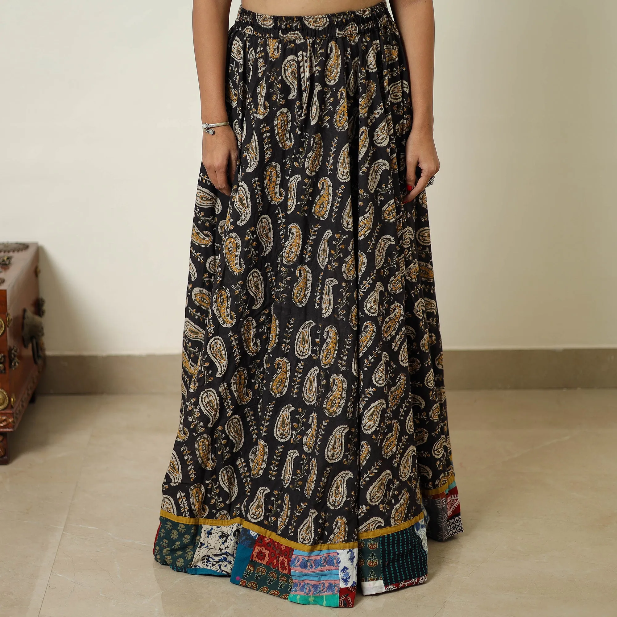 Black - Hand Block Printed Cotton Long Bagru Skirt 15