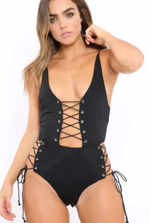 Black Lace Up Front And Side Bodysuit - Lux