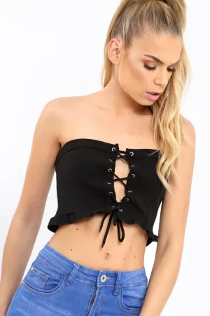 Black Lace Up Front Frill Bandeau Crop Top - Cyndi