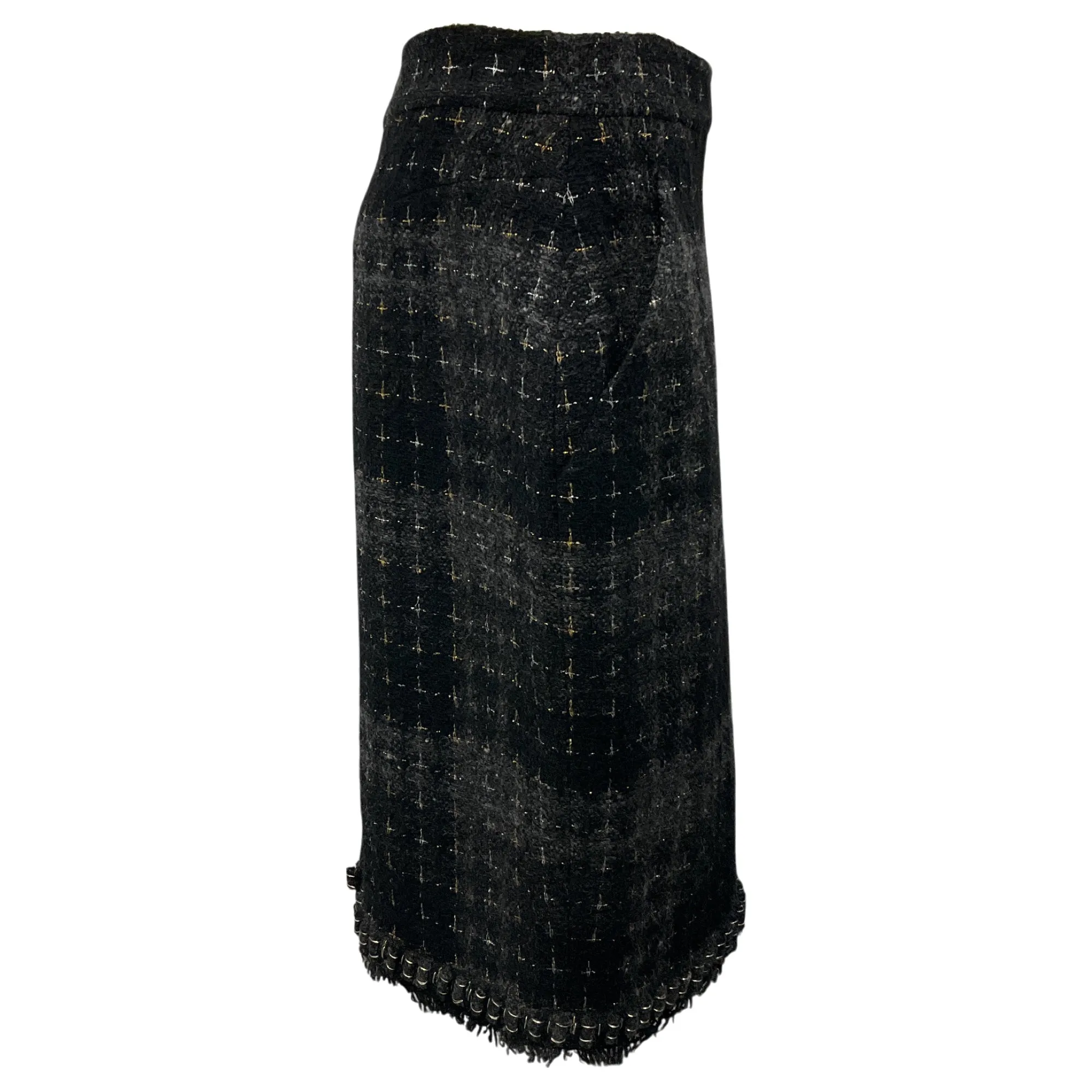 Chanel Black / Charcoal Grey / Silver / Gold Metallic 2008 Wool Tweed Skirt