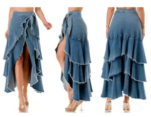 Denim High-Waisted Layered Denim Skirt