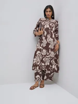 Diza Brown Floral Design A-Line Kurta