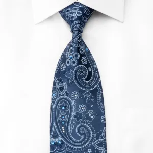 Gallieni Men's Silk Necktie Paisley On Blue Sparkling With Crystal Rhinestones