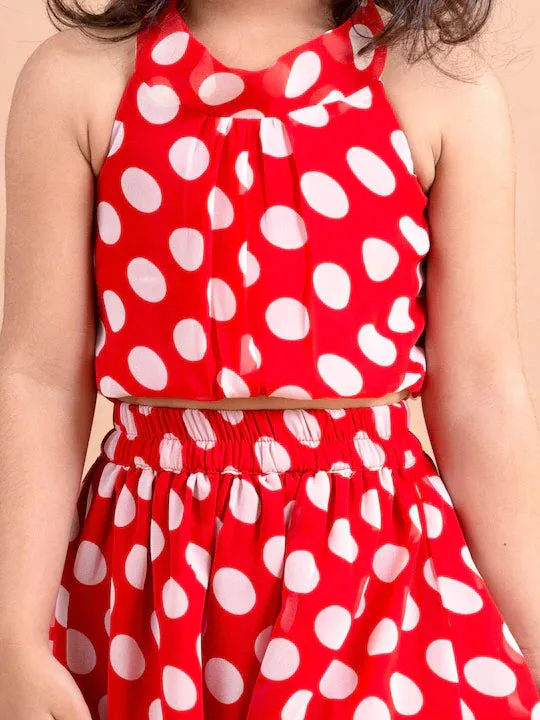 Girls Red White Printed Top With Skirt