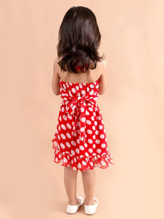 Girls Red White Printed Top With Skirt