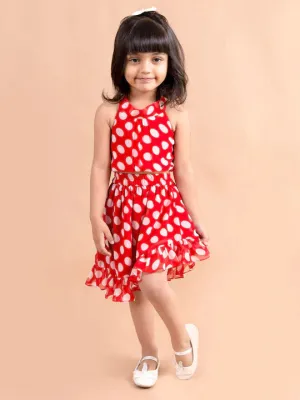 Girls Red White Printed Top With Skirt