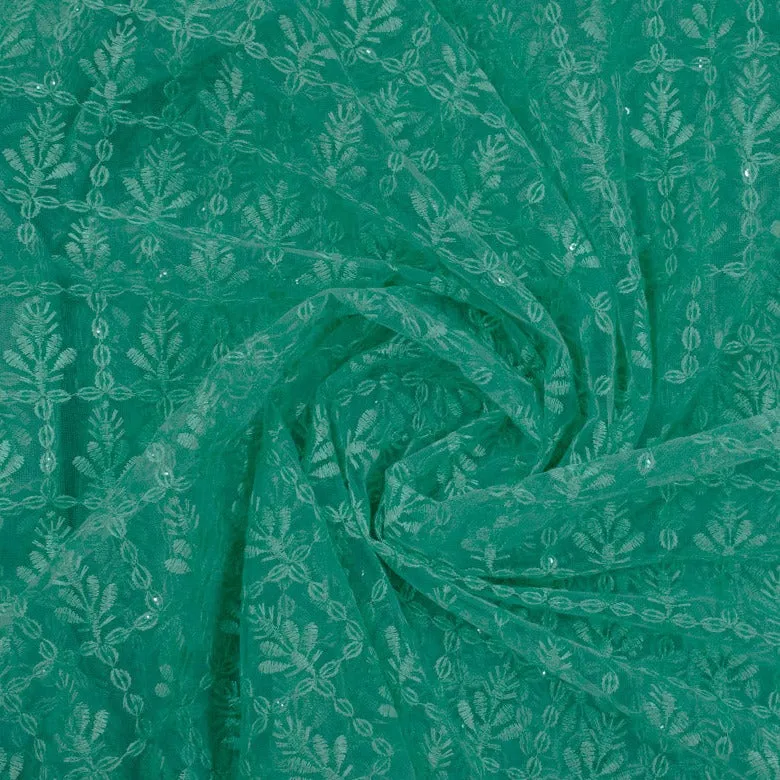 Green Floral Embroidery On Net Fabric