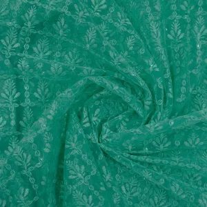 Green Floral Embroidery On Net Fabric