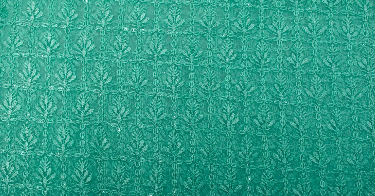 Green Floral Embroidery On Net Fabric