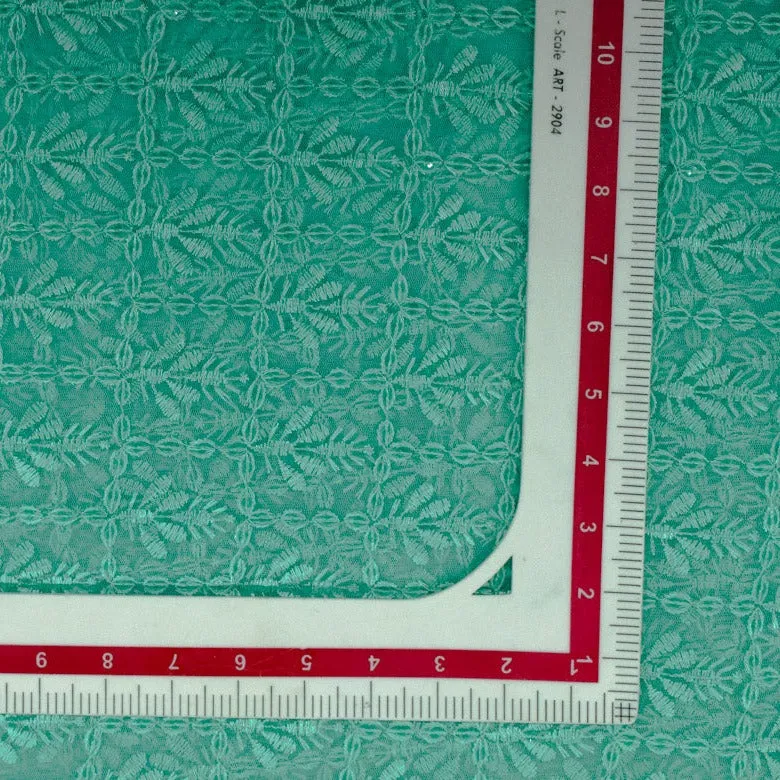 Green Floral Embroidery On Net Fabric