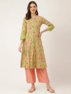 Green Floral Print Cotton A-Line Kurta