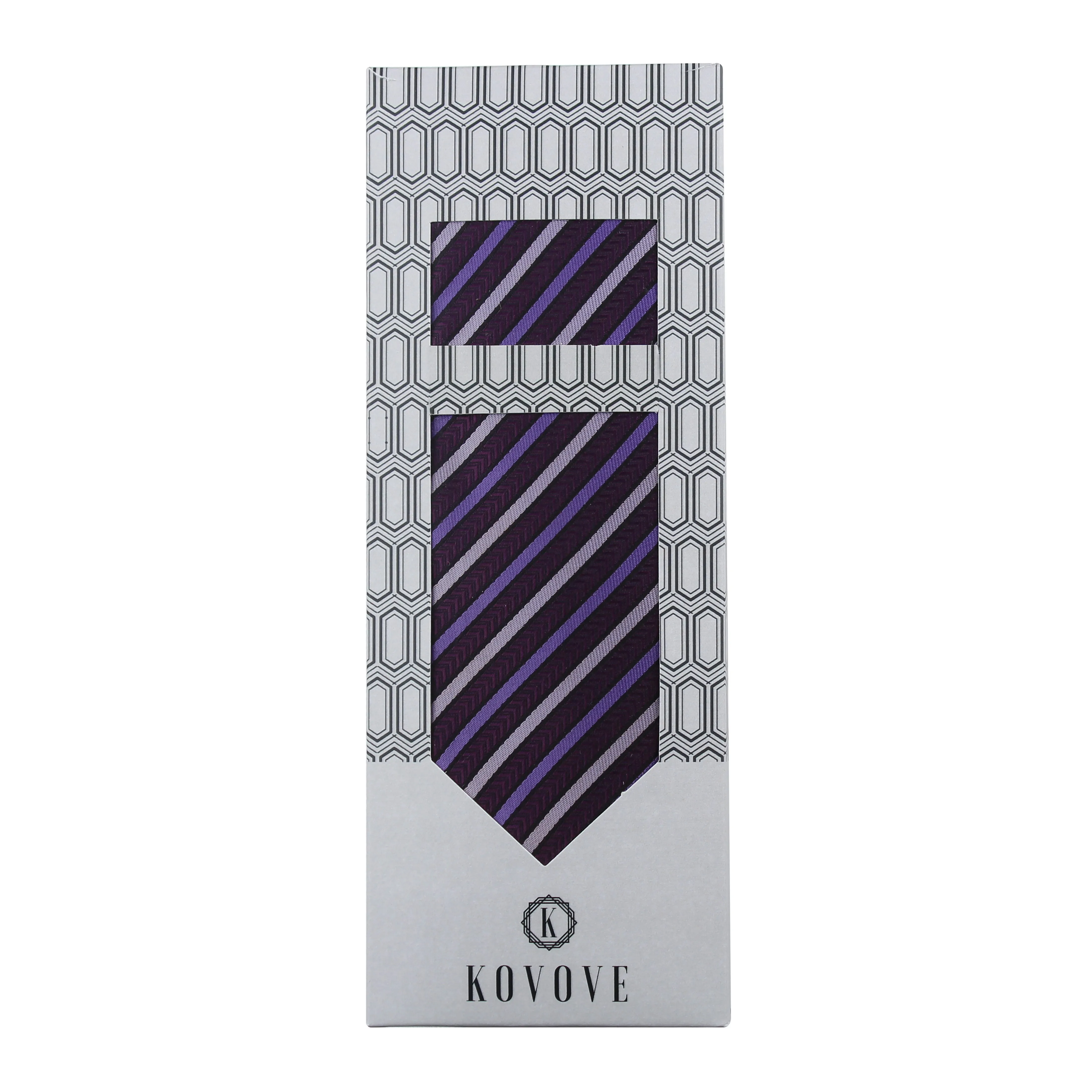 Kovove Purple Striped Necktie and Pocket Square Gift Box