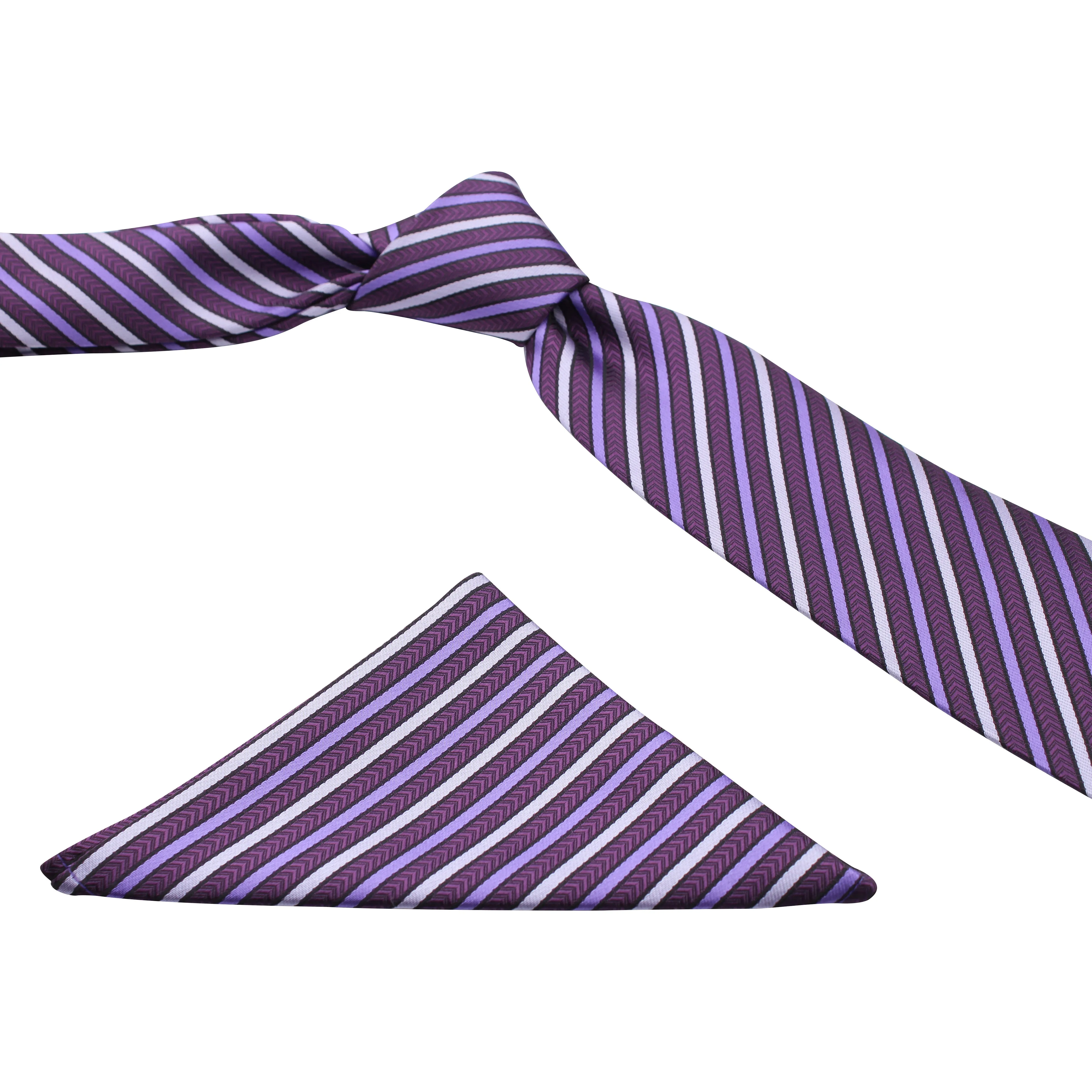 Kovove Purple Striped Necktie and Pocket Square Gift Box