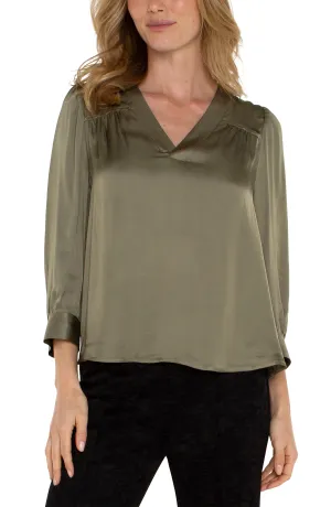 Liverpool L/S Pleated Woven Blouse / Spanish Olive