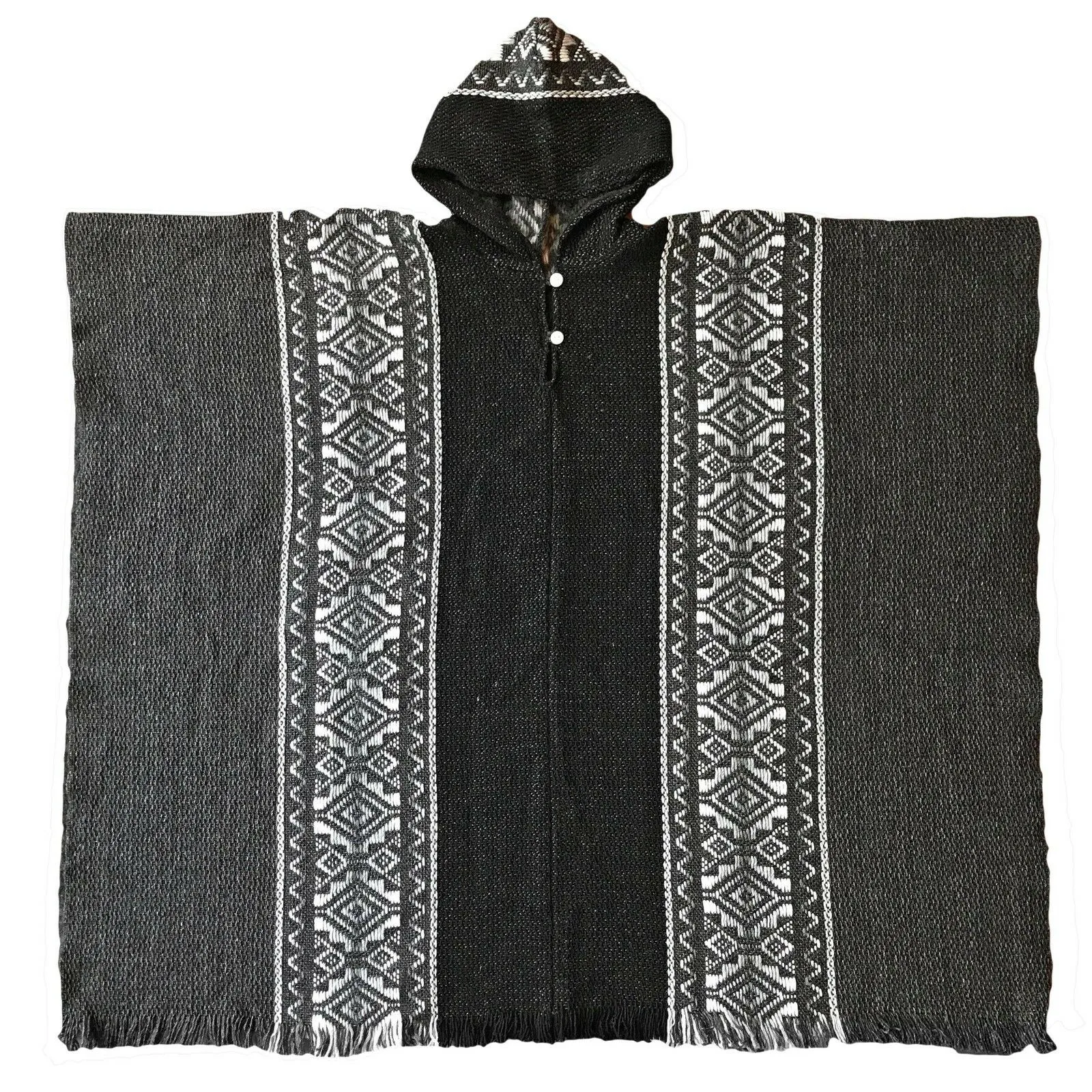 Llama Wool Unisex South American Handwoven Hooded Poncho - black/dark gray with diamonds pattern