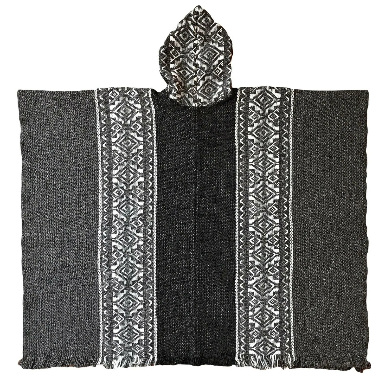 Llama Wool Unisex South American Handwoven Hooded Poncho - black/dark gray with diamonds pattern