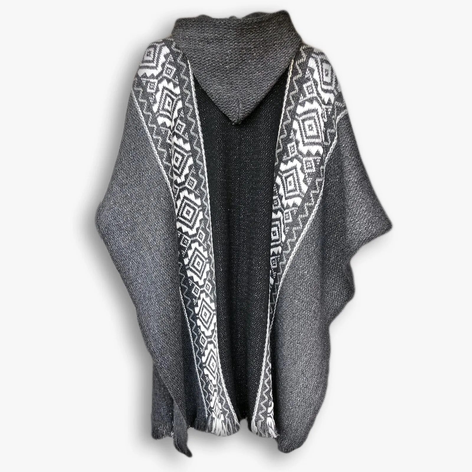 Llama Wool Unisex South American Handwoven Hooded Poncho - black/dark gray with diamonds pattern