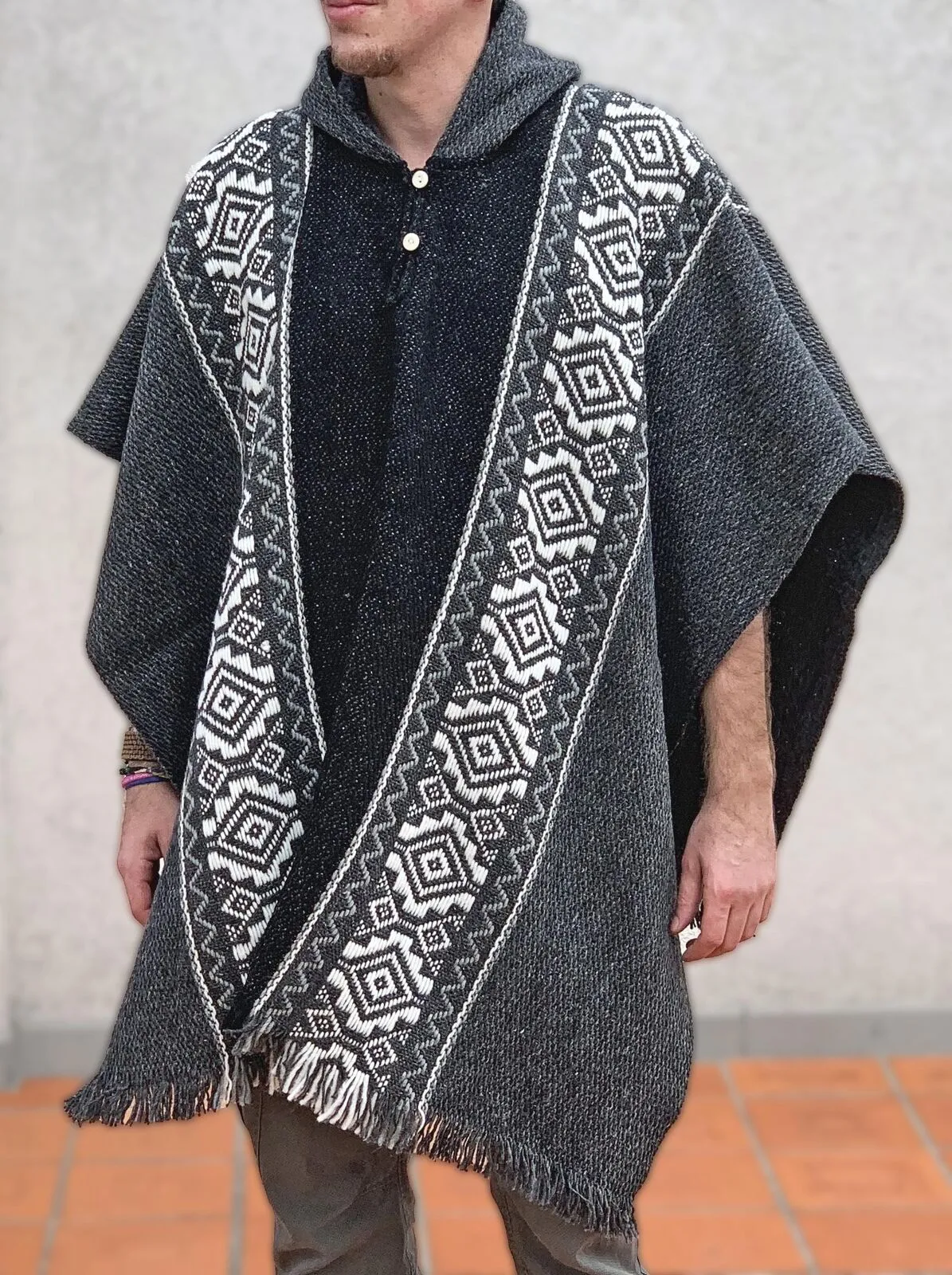 Llama Wool Unisex South American Handwoven Hooded Poncho - black/dark gray with diamonds pattern