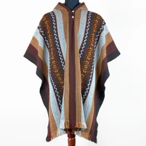 Llama Wool Unisex South American Handwoven Hooded Poncho - striped with diamonds pattern brown