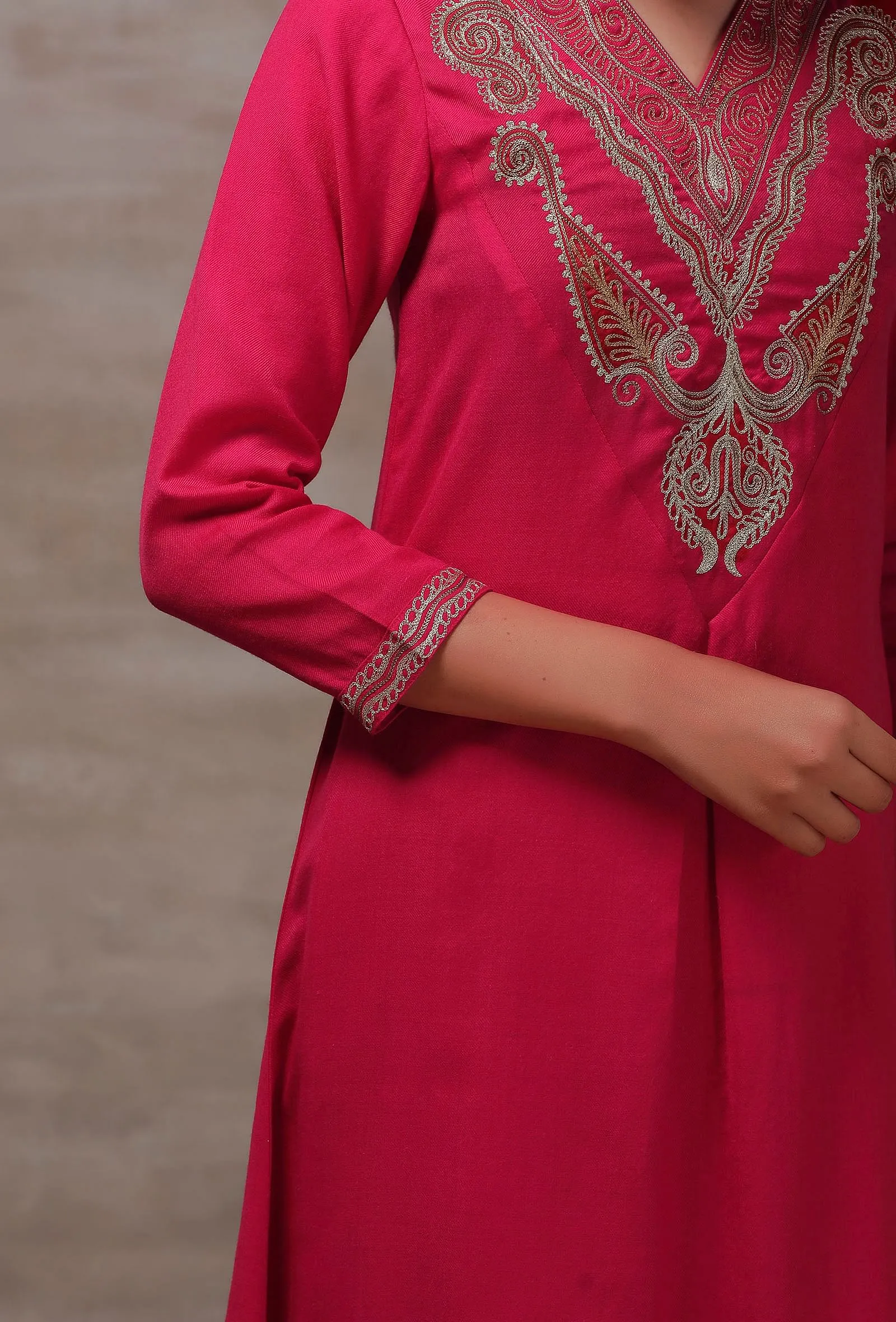 Mahnoor Fuchsia Asymmetrical Woollen Kurta