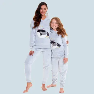 Matching Mother Daughter Raccoon Fleece Hooded Pyjama Set with Sherpa Lining and Embroidered Design for Family Bonding by Daisy Dreamer