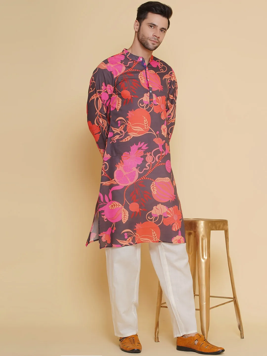 Men Black & Red Digital Floral Print Festive Kurta Pyjamas