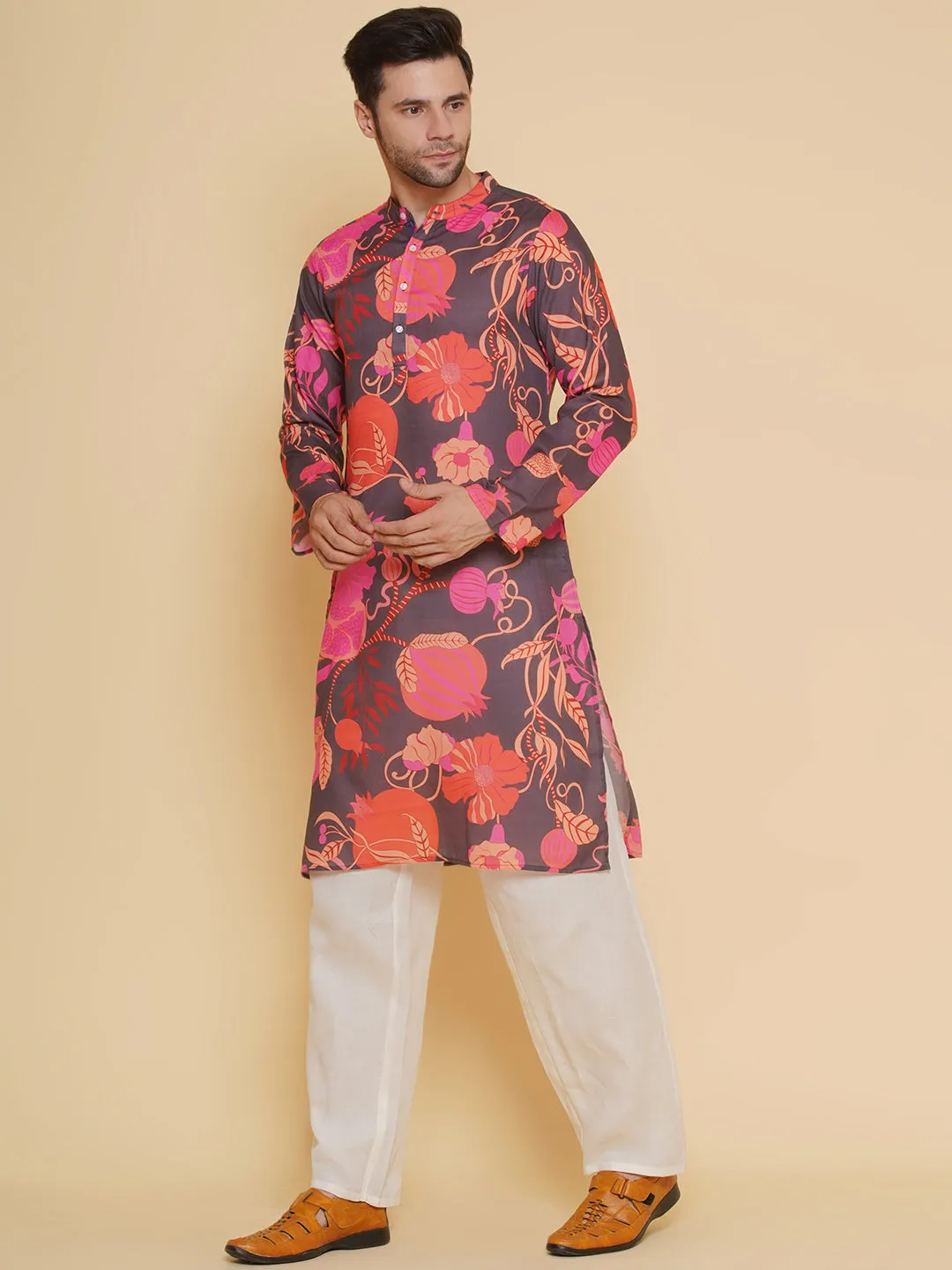 Men Black & Red Digital Floral Print Festive Kurta Pyjamas