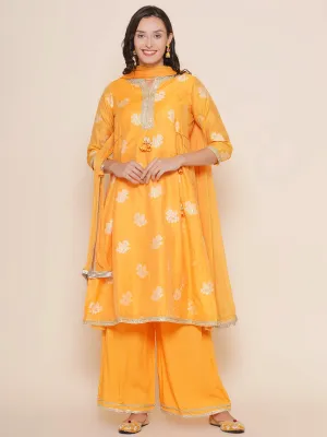 Mustard Yellow Self Design Booti Lace Detailing A-Line Kurta & Mustard Solid Palazzos With Dupatta