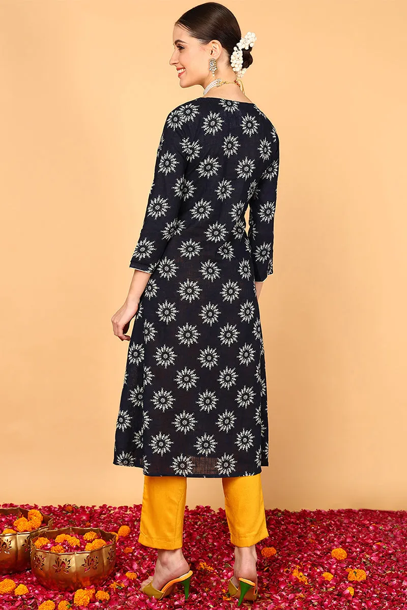 Navy Blue Cotton A-Line Kurta