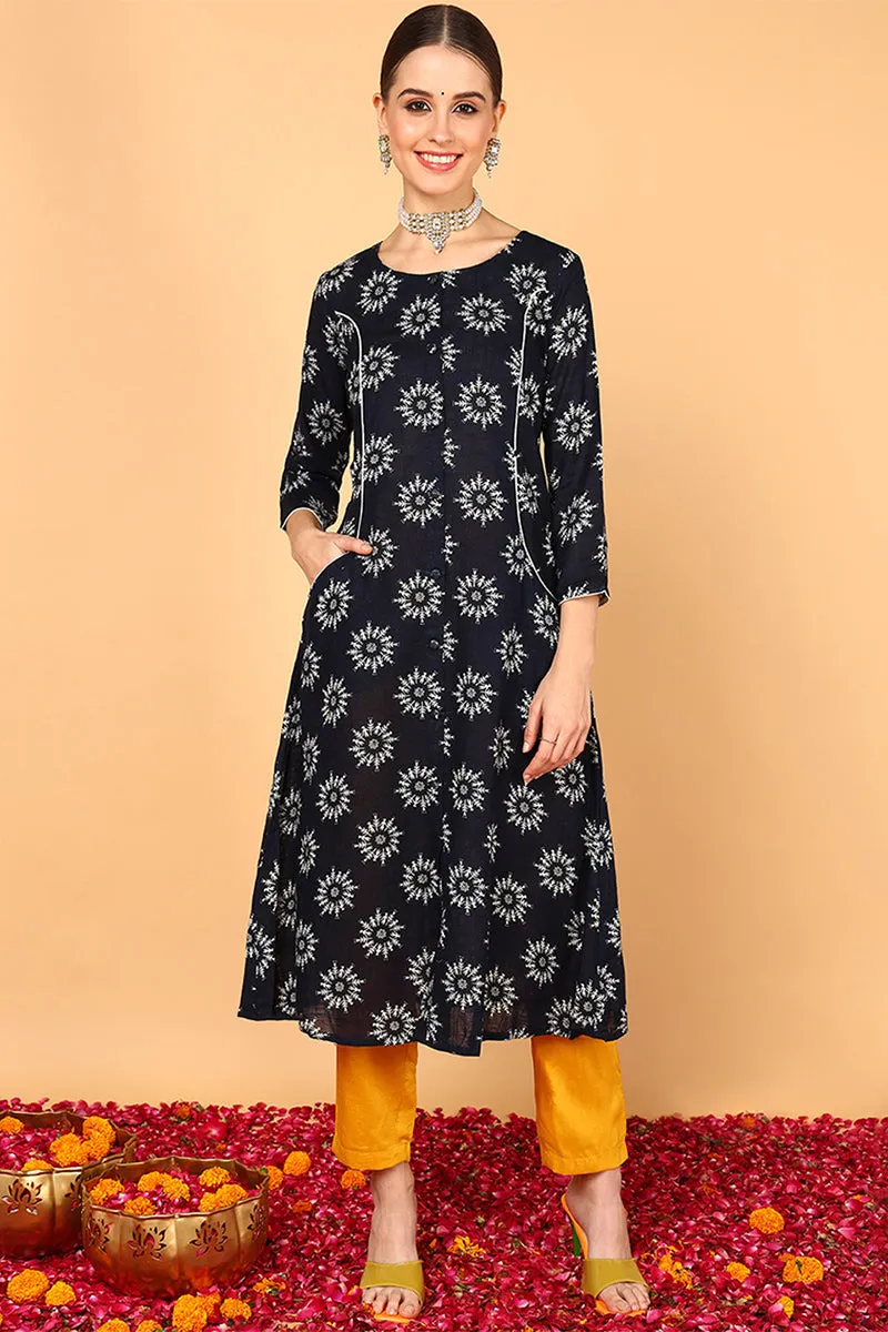 Navy Blue Cotton A-Line Kurta