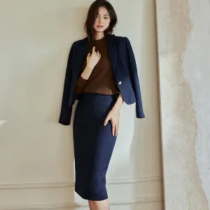 Navy Single-Breasted Blazer and Midi Skirt Set