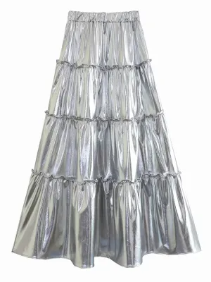 Pre Order:  Silver Layered High Waist A-Line Skirt