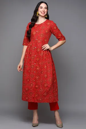 Red Cotton Bandhani A-Line Kurta