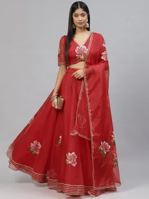 Red Hand Painted Organza Flared Lehenga Choli Set With Organza Dupatta