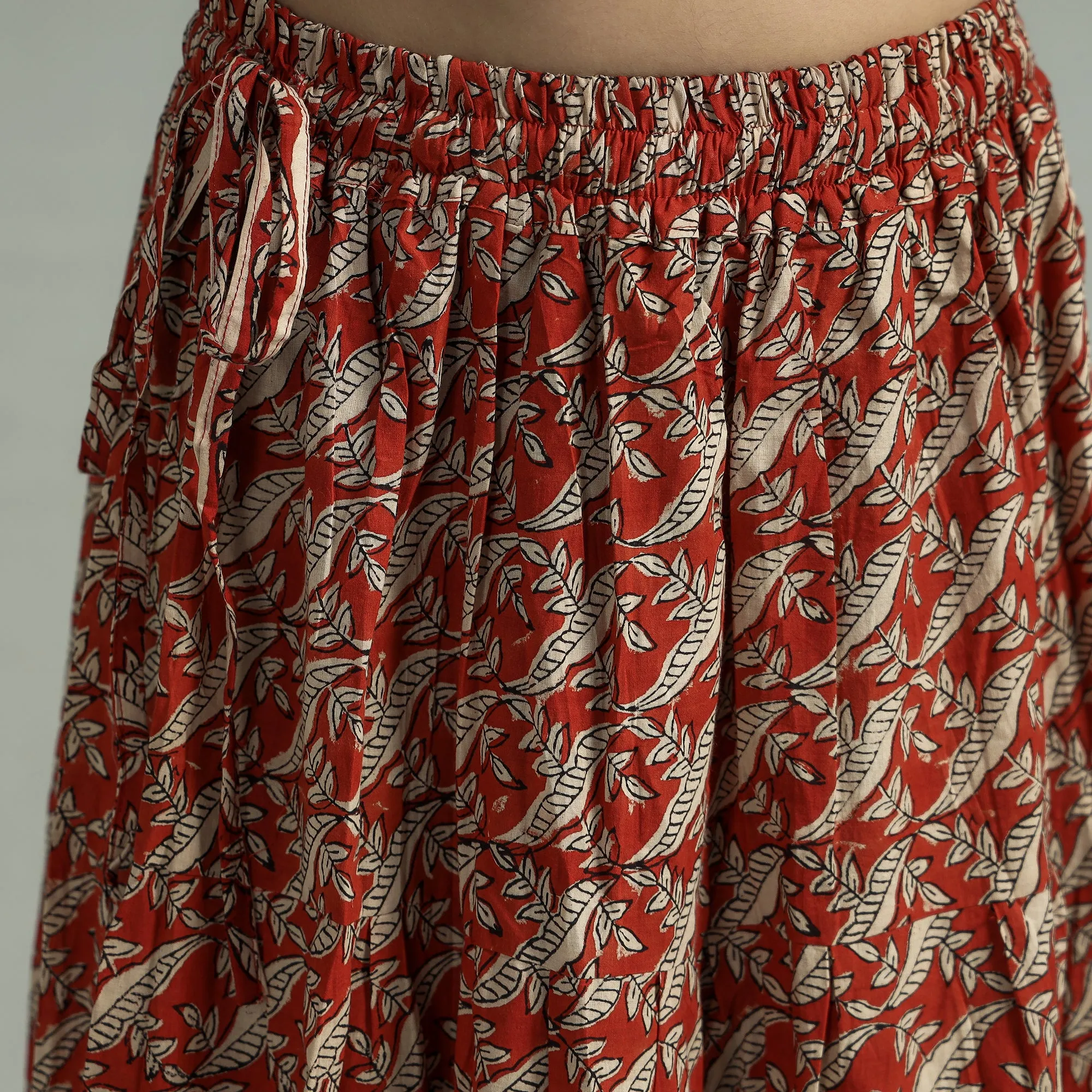 Red - Sanganeri Block Printed Tiered Cotton Long Skirt