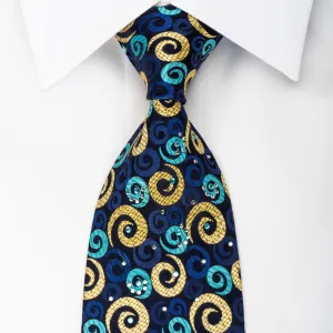 Rogers Dail Men's Silk Necktie Spirals On Blue With Rhinestones & Sparkles