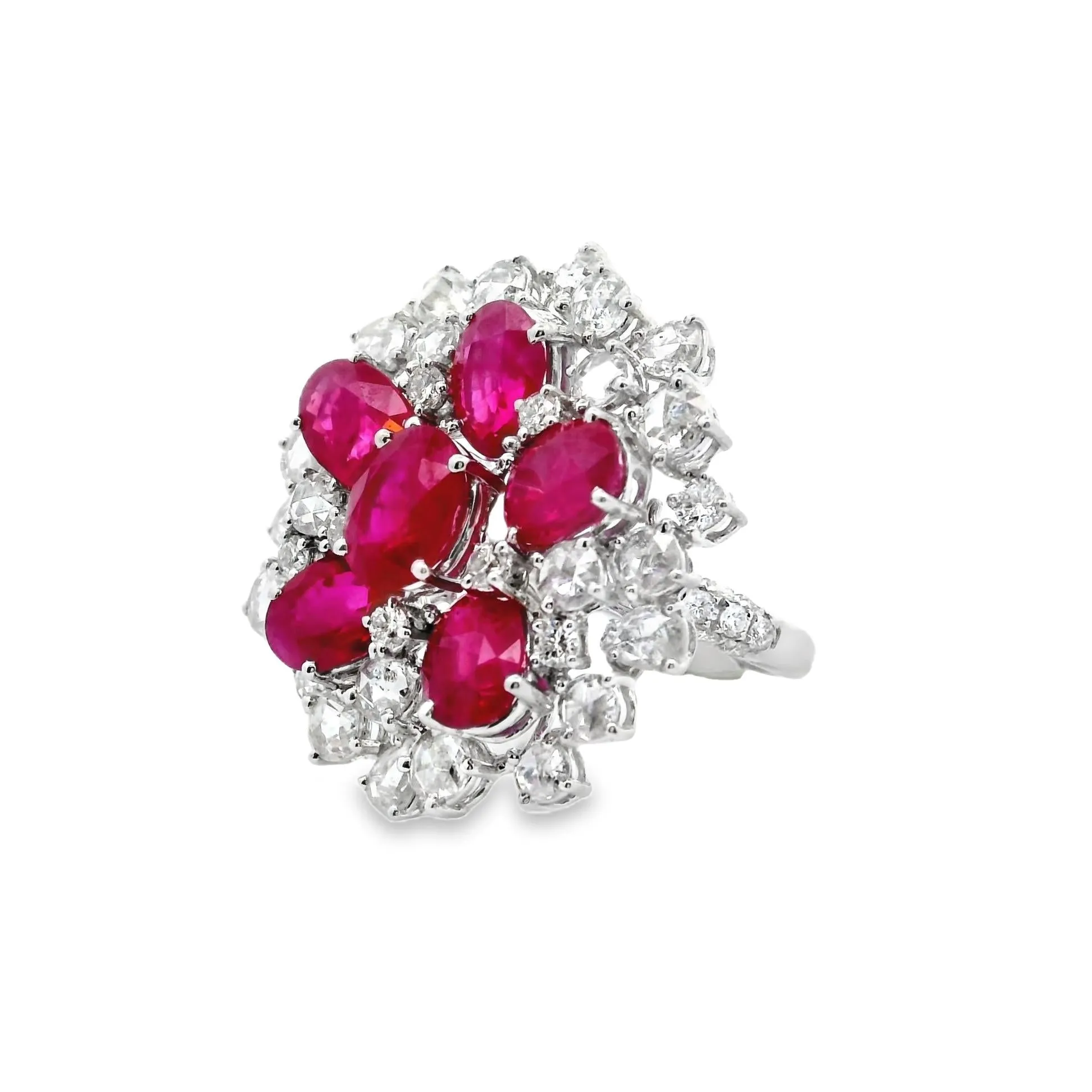 Ruby Diamond Cluster 18k White Gold Sunburst Ring