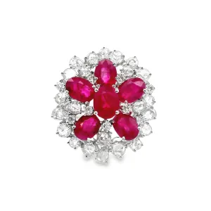 Ruby Diamond Cluster 18k White Gold Sunburst Ring