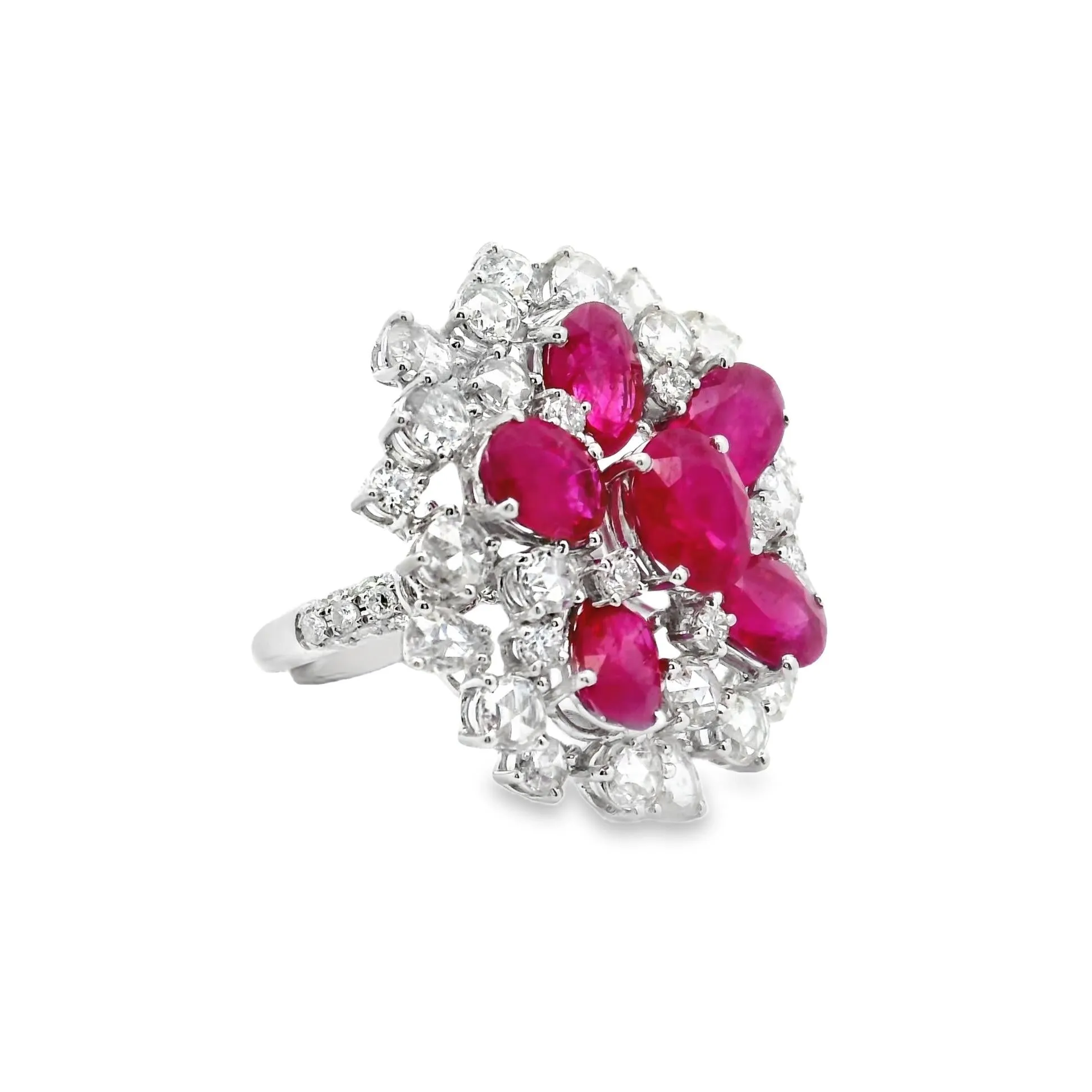 Ruby Diamond Cluster 18k White Gold Sunburst Ring